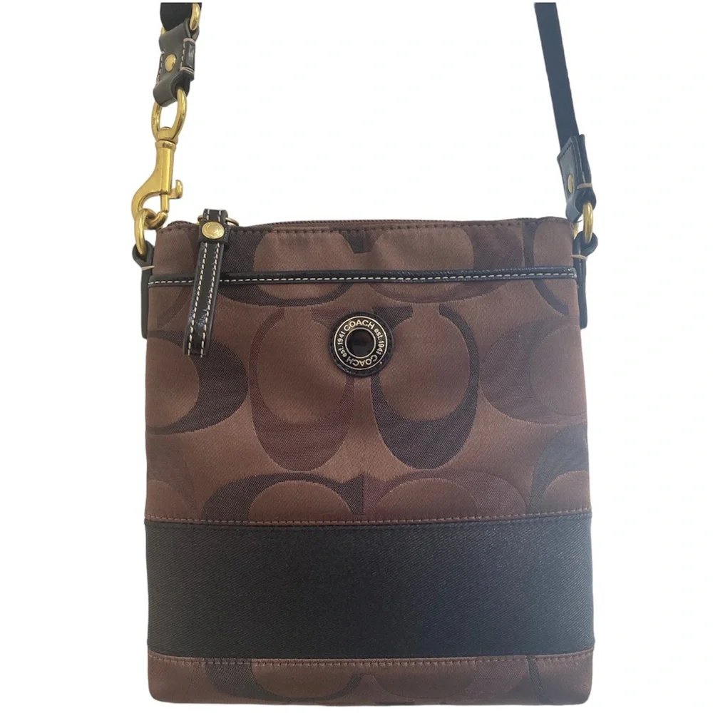 Coach Crossbody Shoulder Bag Brown Black Monogram Slim & Spacious Swingpack